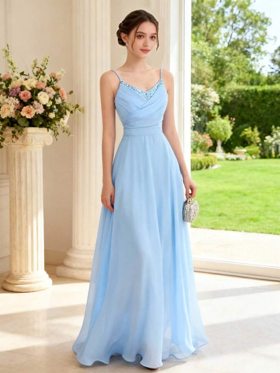 SHEIN Pitira 少女蓝色水晶缎面亮片亮片腰部喇叭形 A 字形摆领派对礼服,优雅正式礼服 - 藍色 - 查看 1