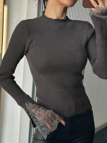 DAZY Women Lace Patchwork Fitted Long Sleeve Pullover Sweater,Fall Clothes