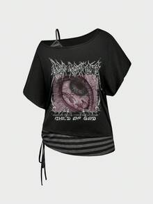 ROMWE EDITION 大码暗黑朋克风不对称肩部宽松撞色复古大码T恤，黑色 - 黑色 - 查看 8