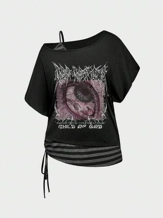 Street Life تي شيرت بلس سايز أسود بطبعة جرانج داكنة بتصميم غير متماثل للكتف وألوان متباينة بطراز فينتاج فضفاض