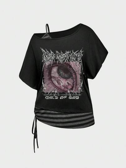 Street Life تي شيرت بلس سايز أسود بطبعة جرانج داكنة بتصميم غير متماثل للكتف وألوان متباينة بطراز فينتاج فضفاض