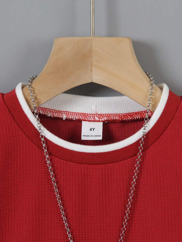 SHEIN 男童撞色T恤，舒适休闲时尚，百搭街头风、运动风、户外风、返校季皆宜 - 酒紅色 - 查看 3