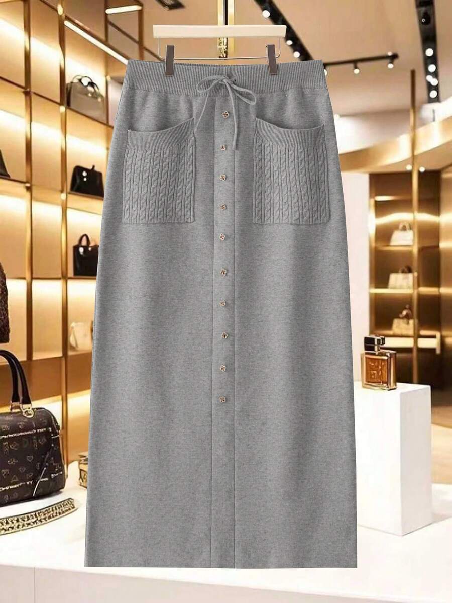 SHEIN Lacomfia Váy len thanh lịch dành cho nữ đính đá, sequin và trang trí túi, thời trang và cao cấp - Xám - Xem 1