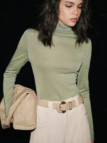 Lumivelle 女士针织透视网眼高领修身打底T恤 - 綠色 - 查看 7