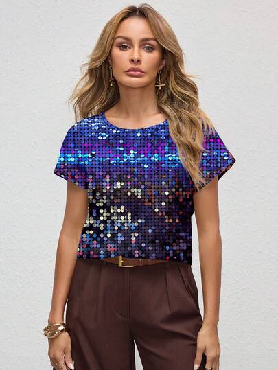 Shutterstock Glamance Shiny Sequin Casual Minimalist Women Round Neck Blouse, Sparkling Party Top For New Year Sequence Top Sequin Top Sparkle Top Glittery Top Sequins Top