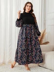 Lacomfia 印花拼接抓绒针织腰部休闲加大码女装连衣裙 - 彩色 - 查看 5