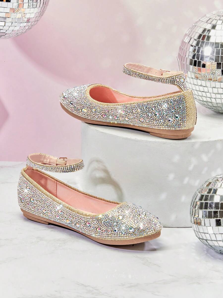Mini mi #StarryWalk Kids' Round Toe Rhinestone Ankle Strap Memory Foam Champagne Flats – Sparkly Party Style For Little Feet - Gold - View 1