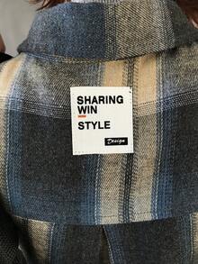 FRIFUL 女式绿色格子面料背面撞色编织标签装饰落肩长袖宽松休闲百搭时尚衬衫，秋季 - 杏色 - 查看 7