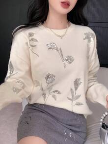 DAZY 女士宽松花卉亮片装饰圆领长袖休闲优雅针织毛衣，秋冬嘉年华 - 米色 - 查看 3