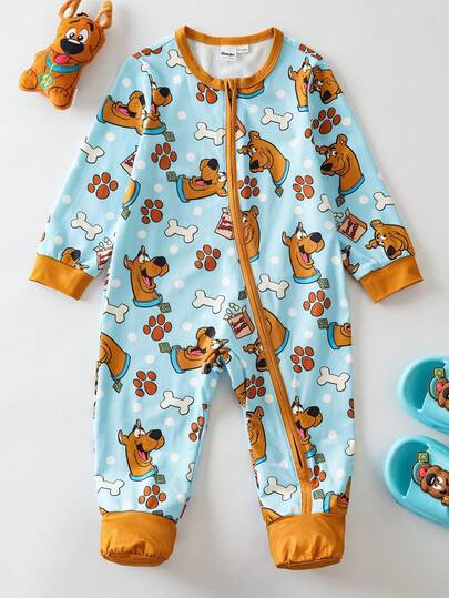 SCOOBY-DOO X SHEIN Baby Boy Cute Cartoon Bone & Paw Print All-Over Print Crew Neck Long Sleeve Zip-Up Footed Pajama