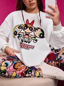 THE POWERPUFF GIRLS X SHEIN Conjunto de 2 piezas de sudadera con cuello redondo y pantalones con estampado de Blossom, Bubbles y Buttercup de dibujos animados, talla grande, informal, para otoño - Multicolor - Ver 7
