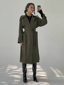 Aloruh Áo khoác trench coat cổ ve lật tay dài hai hàng khuy trơn màu dành cho nữ mùa thu/đông - màu xanh lá - Xem 3