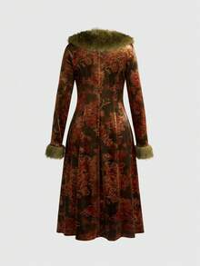 ROMWE EDITION 复古花卉印花毛绒拼布女式开衫夹克，万圣节 - 彩色 - 查看 3