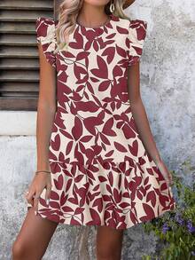 Breezaya 满版树叶印花荷叶边饰罩衫连衣裙 女式度假海滩装