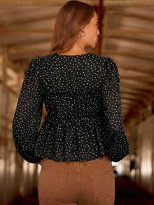 WESTFADE 花卉雪纺V领蝴蝶结前开襟镂空长袖飘逸上衣，可爱秋季女装 - 黑色 - 查看 4