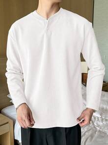 DAZY 男士纯色半拉链白色T恤，秋季款 - 白色 - 查看 4