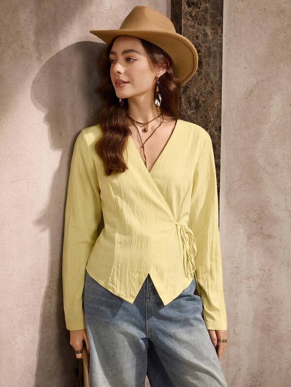 Wildy Casual American Country Style Cream Yellow Tie Collar Teacher Work Shirt, Office Commute Vintage Look