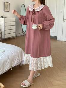 DAZY 甜美對比色蕾絲拼接彼得潘領女款睡袍，冬季 Moo Moo 睡裙睡衣 - 粉色 - 查看 6