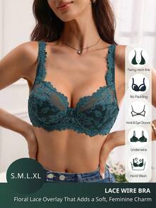 1pc Romantic French Floral Lace Underwire Adjustable Strap Bra - Dark Green - View 4