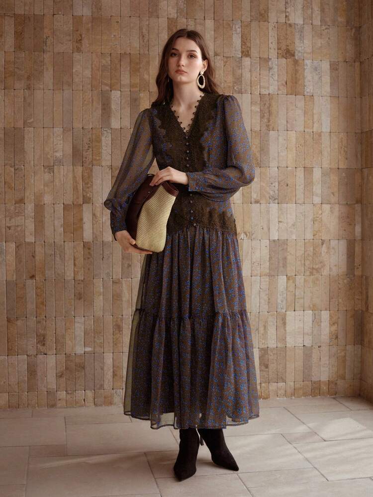 WOMEN'S VINTAGE ELEGANT CHIFFON DITSY FLORAL LACE PANEL LONG DRESS