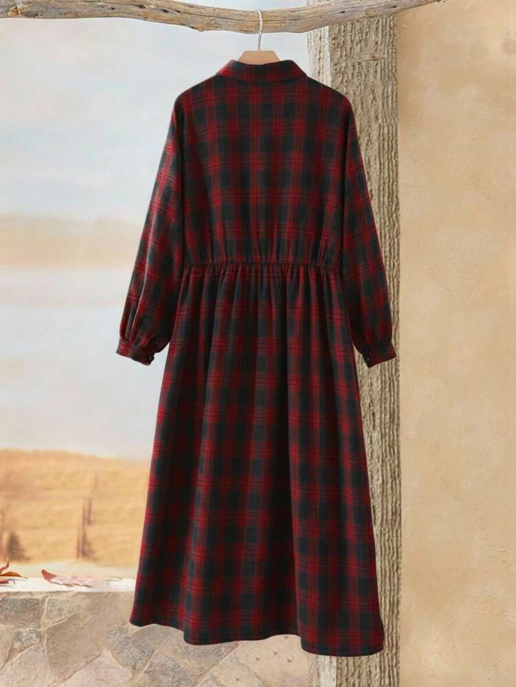 Rusticease Plus Size Women Plaid Long Sleeve Button Down Shirt Dress,Black And Red Checkered Pattern,Autumn,Smart Casual,Everyday Leisure Collared Smock Dress - Red - View 2