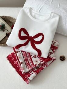 SHEIN Unity 1 Stück Weihnachtsparty Sweatshirt mit Schleifen-Muster in Rot & Weiß, thermisch gefüttert, Langarm und 1 Stück Weihnachtsbaum & Hirsch Plüsch Loungewear Set mit Kordelzug für Damen - Verschiedenfarbig - Übersicht 1