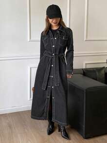 DAZY Women's Casual Washed Pocket Belt Denim Dress, Autumn - Dark Grey - View 4