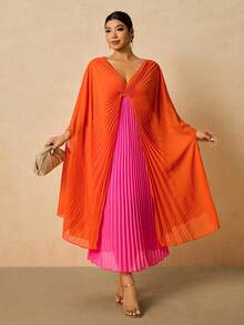 Travachic 大码女式橙色和紫红色拼接褶皱V领长袖宽松派对连衣裙 - 彩色 - 查看 3