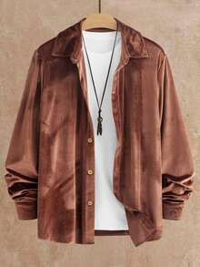 Manfinity NXTstreet 男士休闲百搭纯色丝绒衬衫，秋季红白配色，长袖上衣 - 棕色 - 查看 1