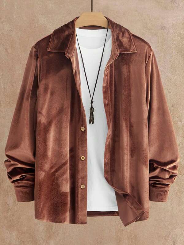 Manfinity NXTstreet 男士休闲百搭纯色丝绒衬衫，秋季红白配色，长袖上衣