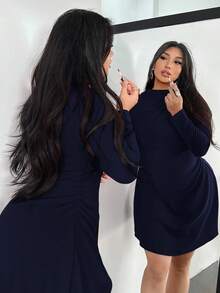 Firerie 大码春秋新款优雅简约精致浪漫甜美日常通勤婚礼派对音乐节假日荷叶边A字飘逸长袖弹力女式迷你短裙 - 藏蓝色 - 查看 6