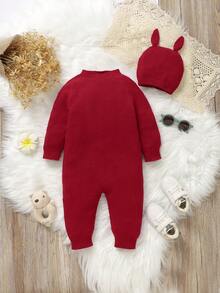 SHEIN Vintaside Kids 女婴杏色休闲荷叶边毛衣连体裤 - 紅色 - 查看 2