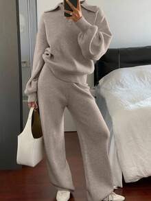 Livesso Women's Casual Collared Sweater And Pants 2 Pieces Set, Autumn