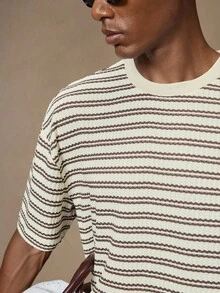 AKNOTIC 2件套男士条纹圆领休闲短袖T恤 - 杏色 - 查看 2