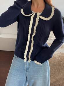 Livesso Women's Ruffled Collar Cardigan, Autumn/Winter - Navy Blue - View 3