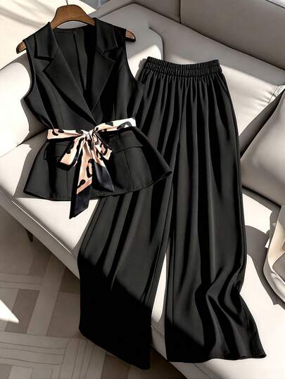 GlowEve CURVE 2 Pieces Women's Elegant Black Suit Set With Leopard Print Ribbon Belt Decoration, Suitable For Back To School, Graduation, Holidays, Valentine's Day, Music Festivals, Mother's Day, Halloween, Thanksgiving, Easter, National Day, Dances, Dates, Parties, Weddings, Outings