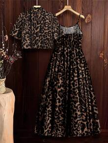 SHEIN Clasi 2pcs/Set Women Leopard Print Dress And Leopard Print Blouse Leopard Set Cheetah Print Outfit, For Going Out - Gold - View 9