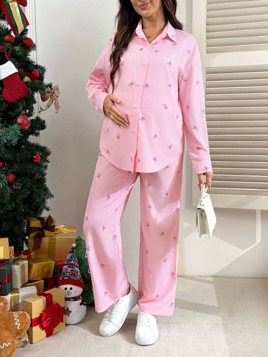 SHEIN 2 piezas Conjunto de maternidad informal con estampado de mariposa, rosa - Rosa - Ver 1