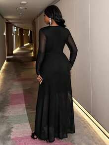 Slaydiva 2025春夏新款加大码音乐节、复活节、圣诞节、生日派对、毕业季、学院风、学生装、日常休闲、百搭基础款、休闲、邮轮旅行、海滩、日光浴、爆款、街头风、婚礼宾客波西米亚风、通勤、早午餐、机场、Y2K、乡村复古、假日新年情人节优雅浪漫性感派对长袖网纱拼接透视低领荷叶边长裙 - 黑色 - 黑色 - 查看 4