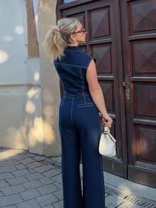 Jeta Ari 女士单排扣背心和阔腿牛仔裤宽松牛仔套装 - 藍色 - 查看 2