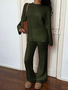 Flirla 2 件套女式针织毛衣套装 - 圆领套头毛衣和长裤