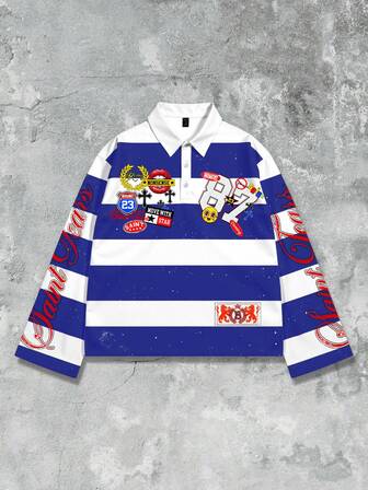 Street Life Polo à manches longues imprimé rayé pour hommes, style décontracté de type universitaire