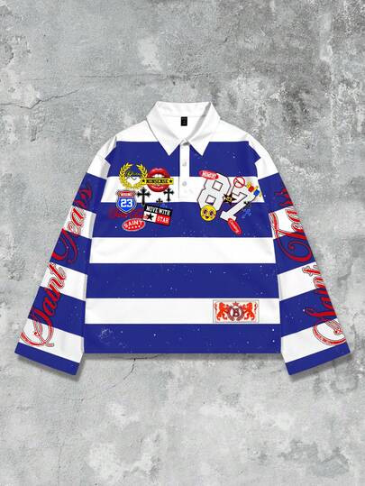 Street Life Men's Printed Preppy Long Sleeve Striped Polo Collar T-Shirt, Casual College Style Top