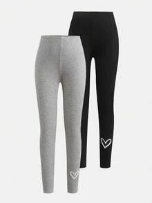 SHEIN Tween Girls Black And Grey Heart Printed High Waist Elastic Compression Fleece Leggings 2pieces Set, Slim Fit Yoga Pants, Autumn Winter Daily Wear - Black - View 6