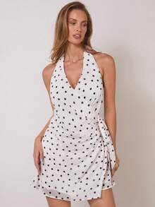 COSMINA Women's Elegant Deep V Ruched Polka Dot Chiffon Mini Dress, Versatile For Commuting And Office Wear, All Season - Black and White - View 5