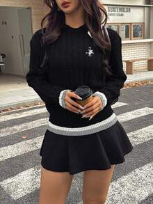 Ritzy Row Women's Contrast Color Embroidered Sweater, Autumn/Winter - Black - View 3