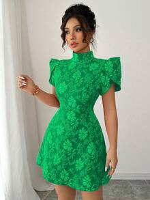 Selianne Váy ngắn tay bồng vải đỏ họa tiết cổ điển thanh lịch hở lưng cổ cao thắt nơ màu tương phản thiết kế độc đáo ôm vừa vặn cho nữ, mùa hè - màu xanh lá - Xem 2