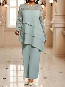 SHEIN Lady New Year Elegant Thanksgiving New Year Elegant Women's Set Plus Size Elegant Commuter Solid Color Lace Patchwork Asymmetric Hem Shirt & Pants 2 Pieces Set - Multicolor - View 4