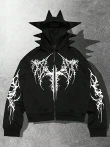 ROMWE MEN Anime Áo hoodie có mũ trùm đầu in hình ăng-ten Gothic dành cho nam, dáng rộng - màu đen - Xem 1