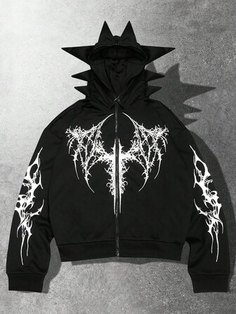 Anime Herren Gothic Antenne Muster Reißverschluss Kapuzenpullover, Loose Fit
